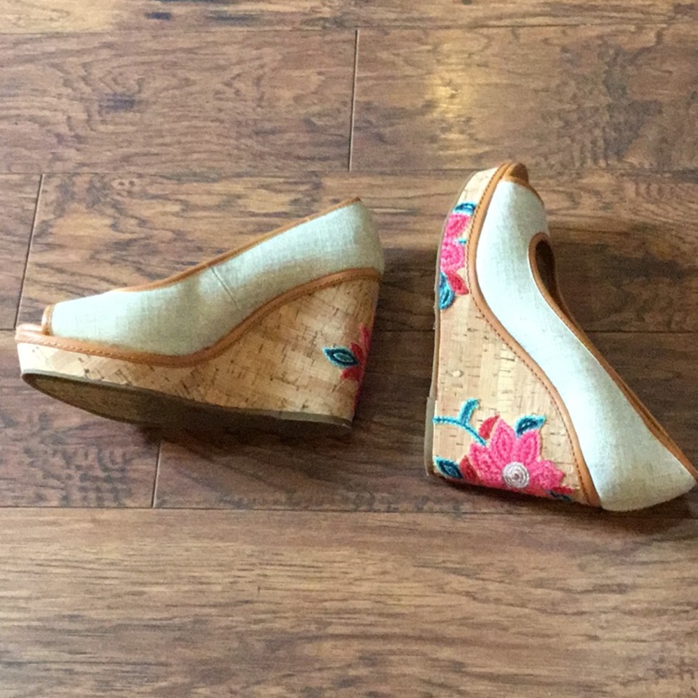 Antonio Melani canvas embroidered peep toe wedges